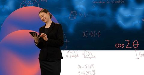 Businesswoman Engaging with Digital Tablet Amidst Mathematical Concepts - Download Free Stock Images Pikwizard.com