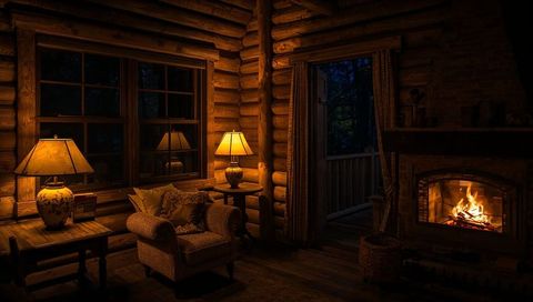 Cozy log cabin interior night fireplace blazing lamplit armchair rustic hearth ambience