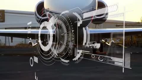 Airplane with Futuristic Digital Interface Overlay on Tarmac