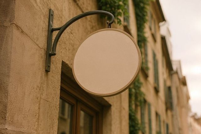 Blank circular sign mockup urban vintage setting beige wall