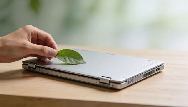 Placing green leaf on closed silver 2-in-1 laptop for eco friendly technology concept