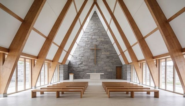 Minimalist timber chapel interior with central altar, stone wall and symmetrical beams