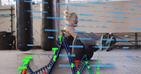Female athlete performing russian twist with augmented data overlay for core training analytics