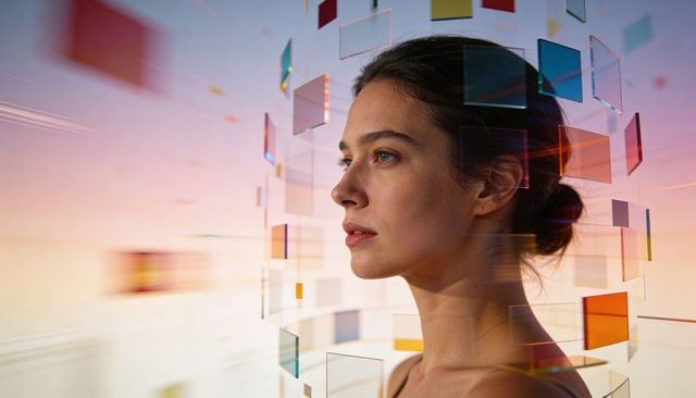 Female profile facing right surrounded by floating colored panels and light trails