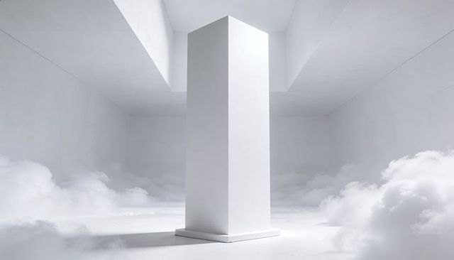 Monolithic white pillar rising toward square skylight in mist-filled minimal gallery