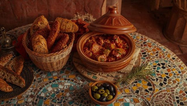 Rustic terracotta tagine simmering with tomato meatball stew on mosaic table