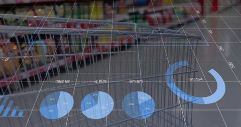 Shopping cart in supermarket with augmented reality retail analytics and data visualization