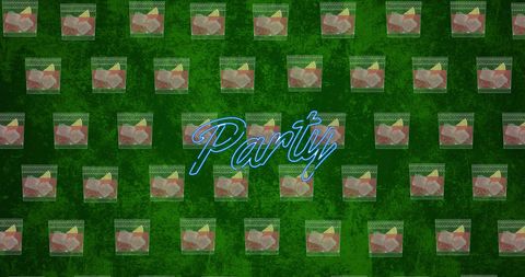 Neon party text on patterned green background