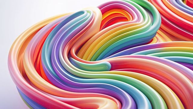 Colorful glossy ribbons creating fluid waves on light gray backdrop