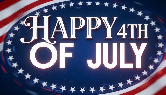 Bold glowing happy 4th of july typography on blue oval badge with stars and stripes poster