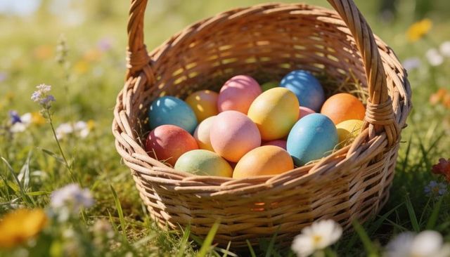Wicker basket holding pastel easter eggs on wildflower meadow in soft spring light