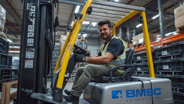 Warehouse forklift operator operating yellow forklift next to stacked bins in modern logistics hub