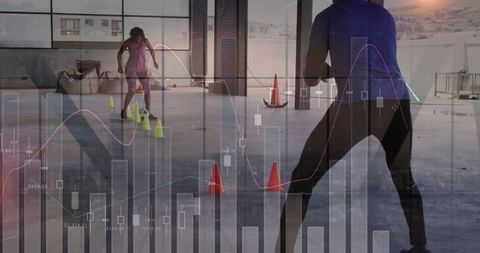 Dynamic training in warehouse gym with data overlay symbolizing performance analysis