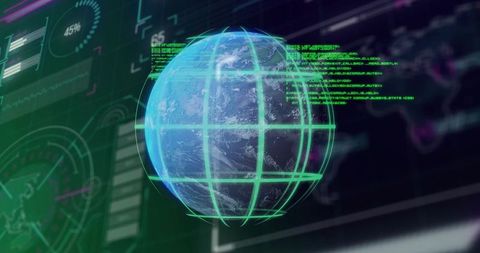 Displaying holographic Earth globe spinning in neon-green HUD global analytics dashboard