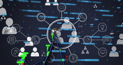 Futuristic Data Interface with Media Icons and Network Connectivity