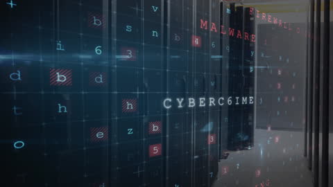 Advanced Cybercrime Concepts Overlaid on Server Room Background