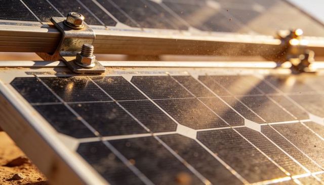 Solar panels harvesting sunlight in dusty desert installation close-up