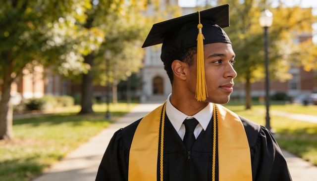 Standing graduate on campus wearing mortarboard, gold stole and honor cords, looking right