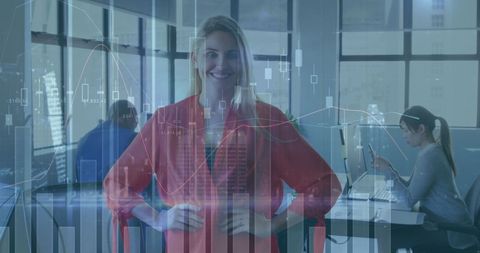 Confident Businesswoman with Digital Financial Graph Overlay