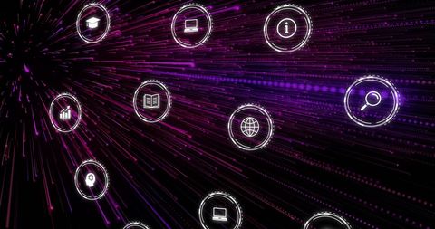 Neon network connections with digital interface icons