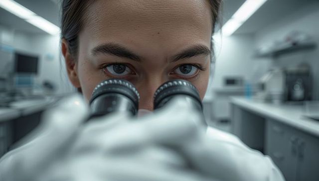 Scientist Peering Through Microscope Eyepieces in Clinical Laboratory Closeup, Focused Research