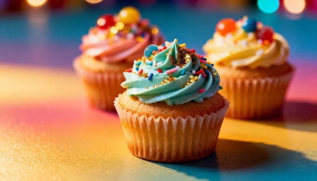 Sparkling Blue Frosting Cupcake with Gold Glitter and Rainbow Sprinkles