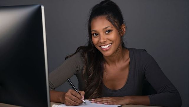 Smiling young woman writing at minimalist desk with monitor, studying and focusing