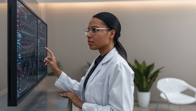 Clinician analyzing ecg waveforms on touchscreen monitor for medical diagnostics