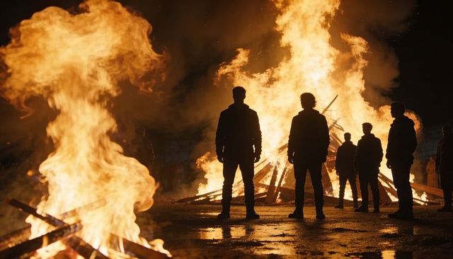 Silhouetted group standing by massive bonfire on wet pavement at night ember light drama
