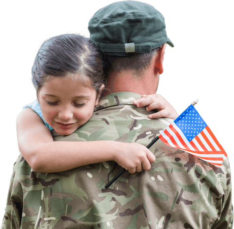 Military Father Hugging Daughter Holding Flag on Transparent Background