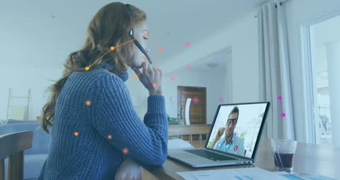 Woman in Sweatshirt on Video Call with Virtual Network Visualization