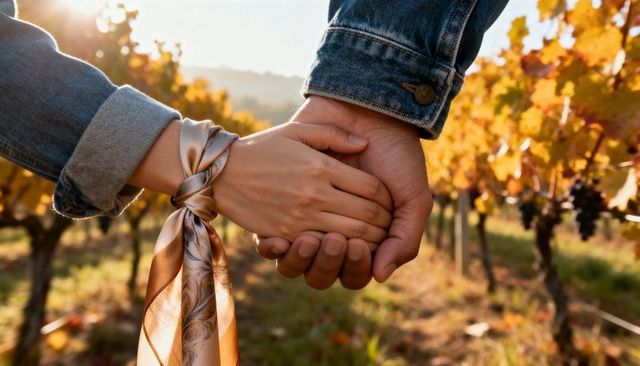 Couple holding hands walking through vineyard in golden autumn light