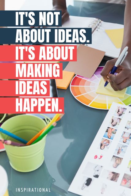 Featuring a vibrant workspace full of color swatches and brainstorming materials, this motivational image encourages productivity and creativity. Ideal for office wall art, business presentations, or inspirational content for social media that encourages goal setting and innovation.