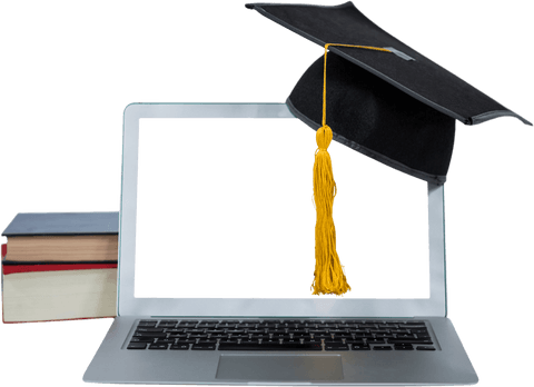 E-learning concept with blackboard cap and transparent laptop screen