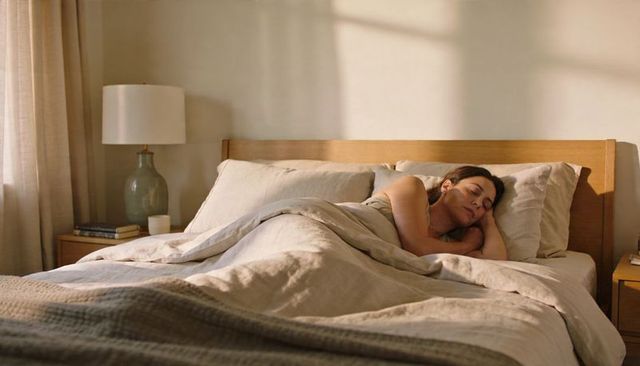 Woman sleeping peacefully on cozy beige bed with wooden headboard in sunlit bedroom