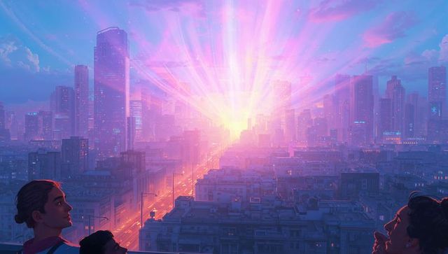 Family watching neon sunrise over futuristic city skyline from rooftop balcony