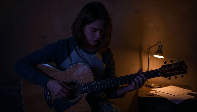 Young woman playing acoustic guitar in dimly lit room with warm lamp and sheet music