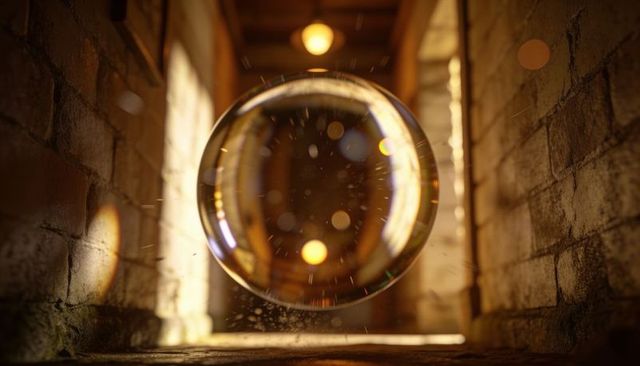 Floating glass orb refracting warm bokeh in narrow brick corridor