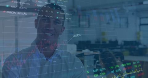 Overlay of Stock Market Data with Smiling Professional in Office - Download Free Stock Images Pikwizard.com