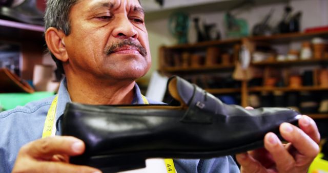 Close-up of cobbler examining a shoe in workshop 4k