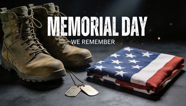 Memorial day tribute honoring fallen soldiers with combat boots folded american flag