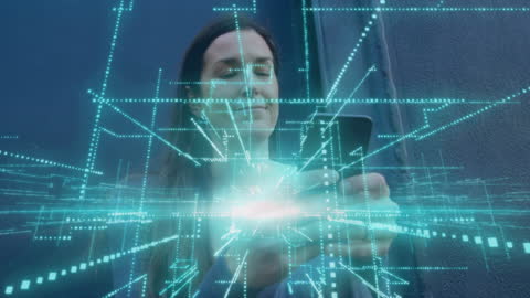 Woman Interacting with Futuristic Digital Interface on Mobile Device
