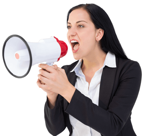 Transparent businesswoman shouting with megaphone expressing authority