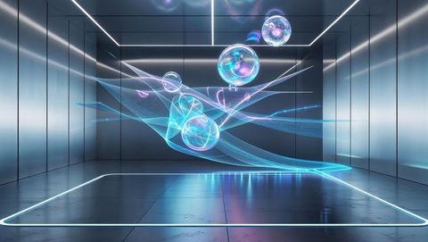 Futuristic holographic waveforms and spheres in digital chamber