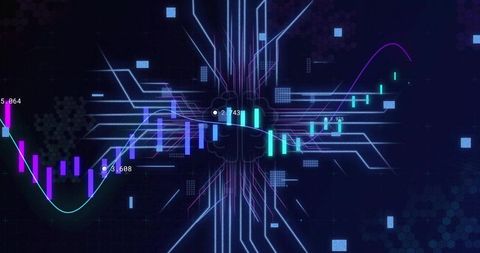 Neon neural network trading dashboard with candlestick charts and cyberpunk circuit brain