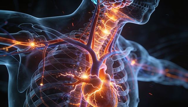 Transparent torso revealing glowing heart, bioelectric nerves and vascular network