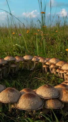 Pulling Back Revealing Sunlit Mushroom Ring in Dewy Meadow Vertical Nature Footage