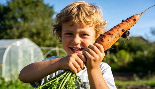 Smiling blond child holding freshly pulled carrot in sunlit backyard garden with greenhouse