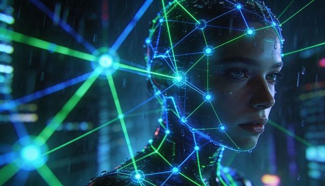 Cyborg head showing glowing neural mesh and network nodes in rainy neon city