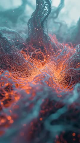 Vertical video panning through pulsing bioluminescent filaments toward glowing neural node